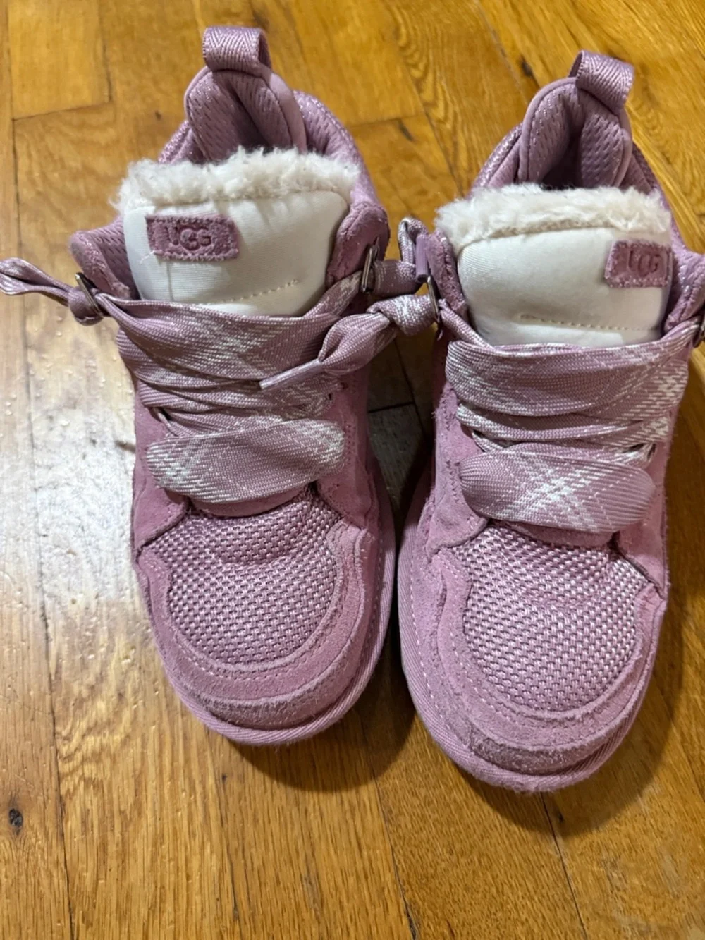UGG Pink Kids High-Top Boots with Faux Fur Collar